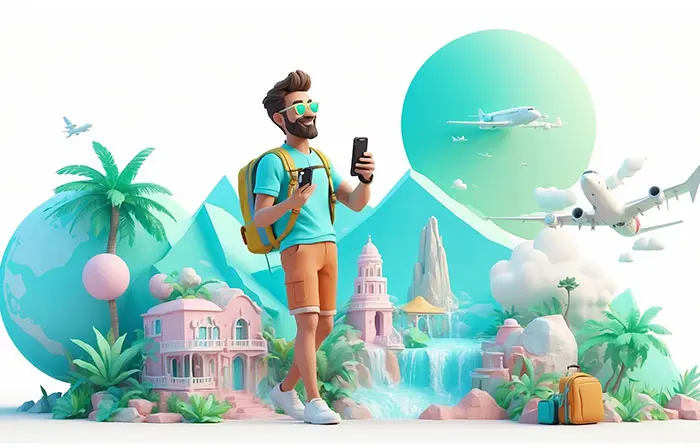 Man Booking a Flight Using Smartphone 3D Character Illustration